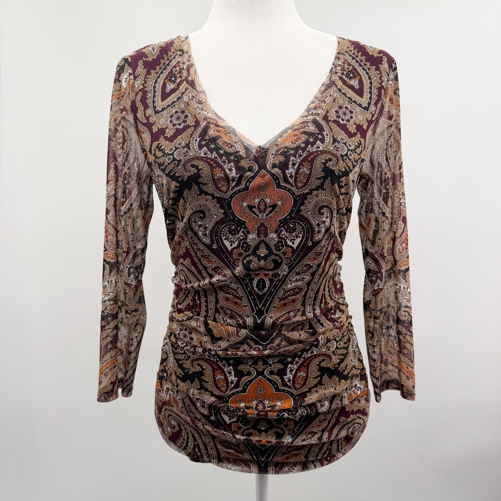 Vintage Y2K Paisley‎ Mesh Long Sleeve Top in Earthy Brown Orange Size Medium